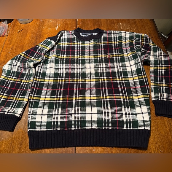 Vintage Tommy Hilfiger Sweater Sz L Green Red Plaid Cotton Crewneck Pullover 90s - Picture 1 of 8